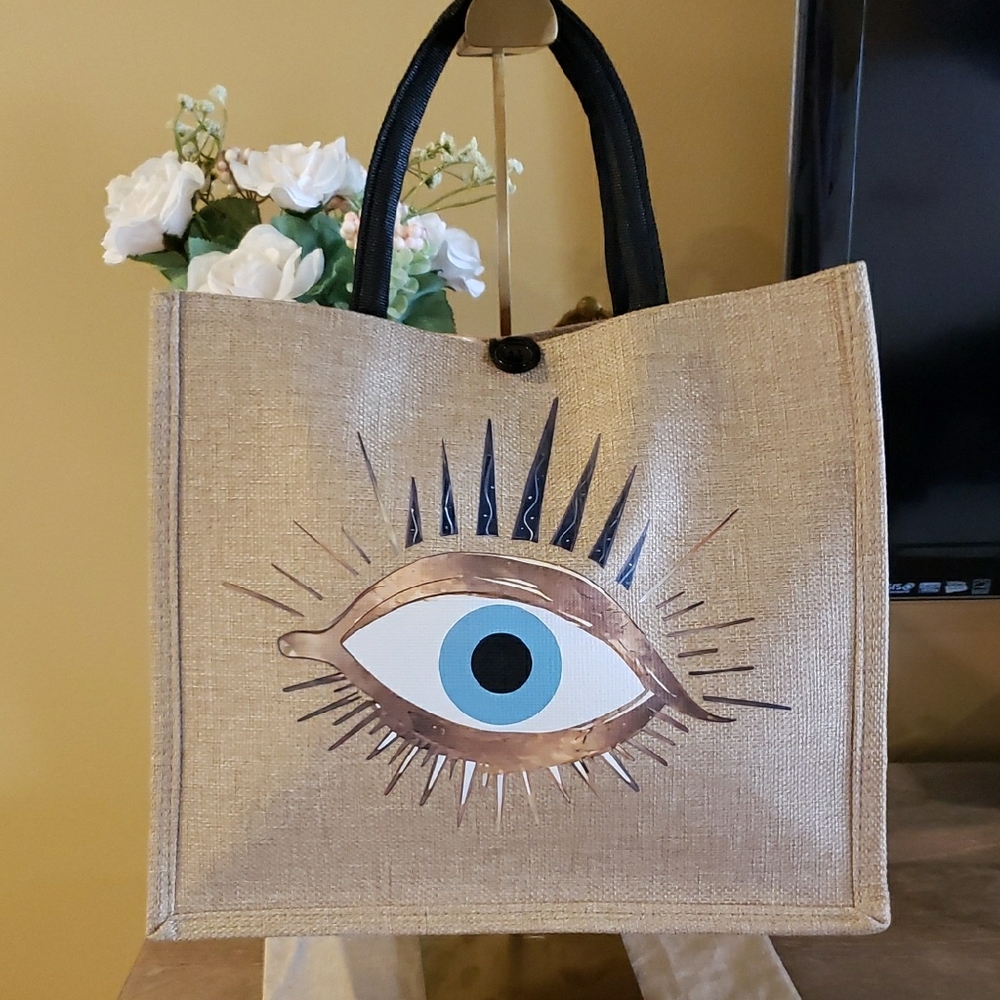 Natural Hemp Burlap Tote w/ Blue Evil Eye Accent - NWT!